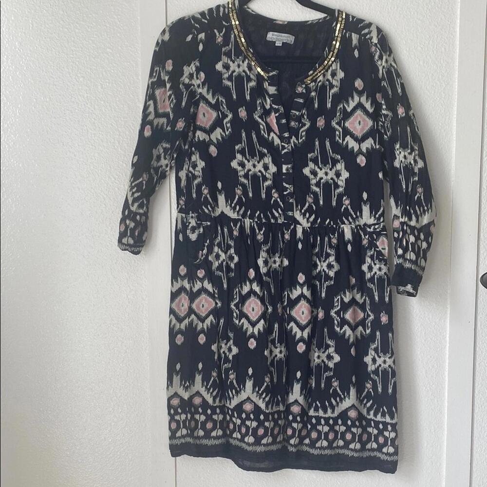 World Market S/M Black Ikat Print Sequin Mini Dress Long Sleeve Boho Geometric